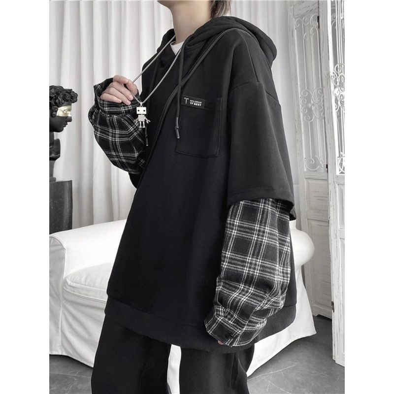 BF Autumn Ins Fake Two-Piece Plaid Hoodie