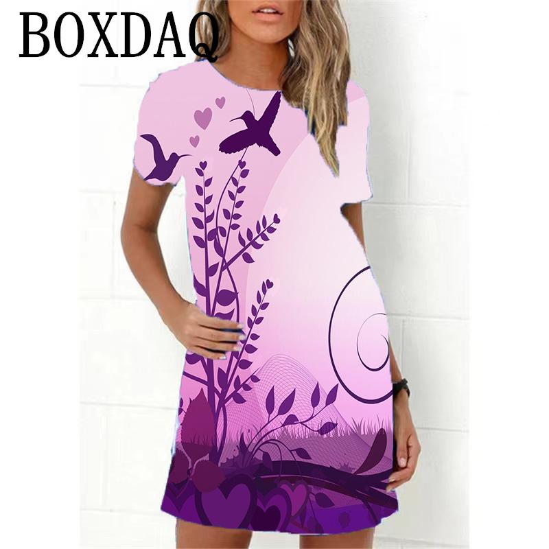 Blue Flower Print Women Dress Elegant Sweet Casual Short Sleeve Loose A-Line Dress Oversized Summer Beach Dress Female Sundress
