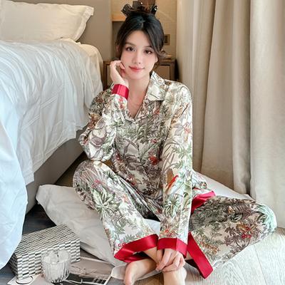Nouveau Pyjama en Soie Glacée pour Femmes Été Mince Pantalon à Manches Longues Mori Fleur de la Jungle Vêtements d'Intérieur Costume pour Femmes Vrai Prise de Vue