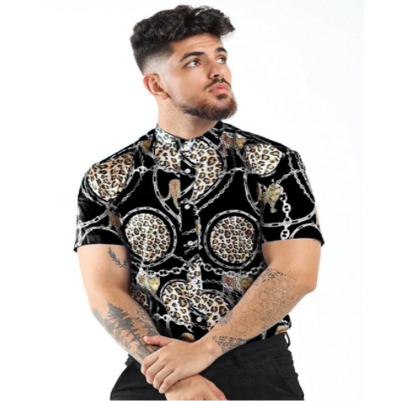 

Трансграничные европейские и американские новые весенне-осенние мужские рубашки с короткими рукавами и цветочным принтом, топы большого размера, тонкие топы, трендовые рубашки с принтом Gongyan M чёрный