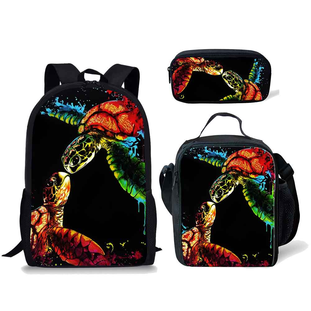 Klassiek Populair Grappig Schildpadpatroon 3D Geprint 3 stuks/Set leerling Schooltassen Laptop Dagrugzak Rugzak Lunchtas Etui black
