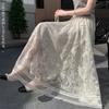 Lace Long Skirt with Elastic Tulle Maxi Everyday [OGCPWYQZ] Women's Skirt, Waist, Skirt, Length, Flared, A-Line, Lined, Figure-Flattering, All-Lace,
