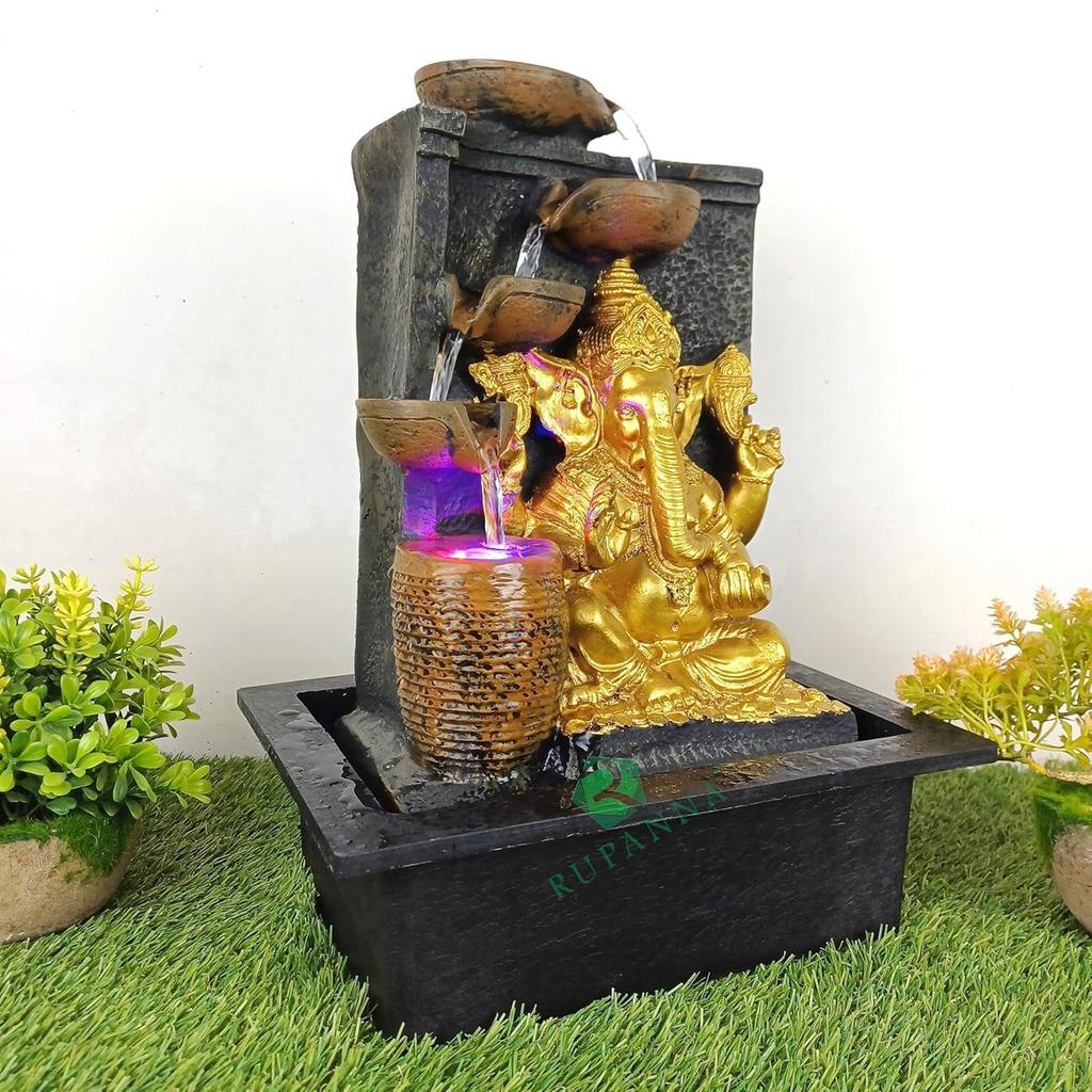 3 Step Ganesha Table Top Water Fountain with RGB LED Light for Home Décor/Gift/Vastu/Pooja/Reception/House Warming (Brown Stone & Gold)