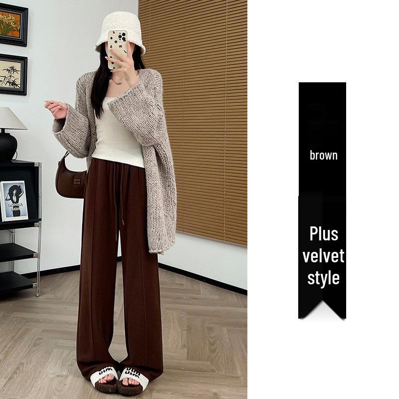 Vlněné kalhoty s vysokým pasem a širokými nohavicemi pro ženy - Plyšové, silné a ležérní na jaro, podzim a zimu