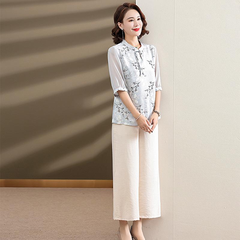 2026 Summer Women's Floral Short-Sleeve Top & Wide-Leg Pants Set for Middle-Aged and Elderly