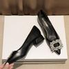 Fashion Classic Rhinestone Buckle Shoes Ladies Low Heel Office Work Tacones Mujer Wedges High Heels Pumps Women Bombas Designer Escarpin