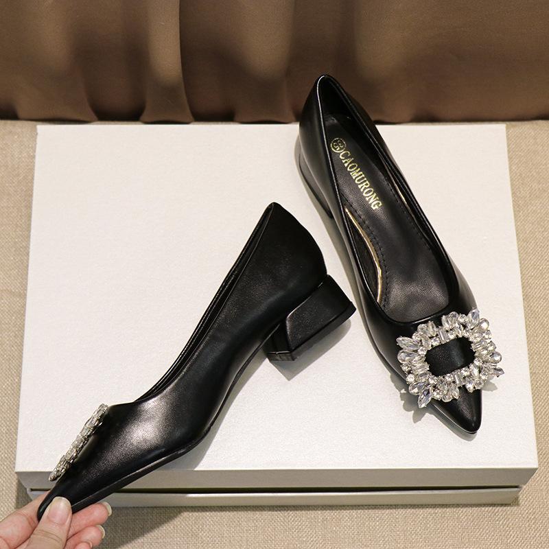 Fashion Classic Rhinestone Buckle Shoes Ladies Low Heel Office Work Tacones Mujer Wedges High Heels Pumps Women Bombas Designer Escarpin