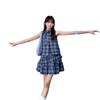 Blue plaid shirt sleeveless vest dress children's summer new popular small cake short skirt