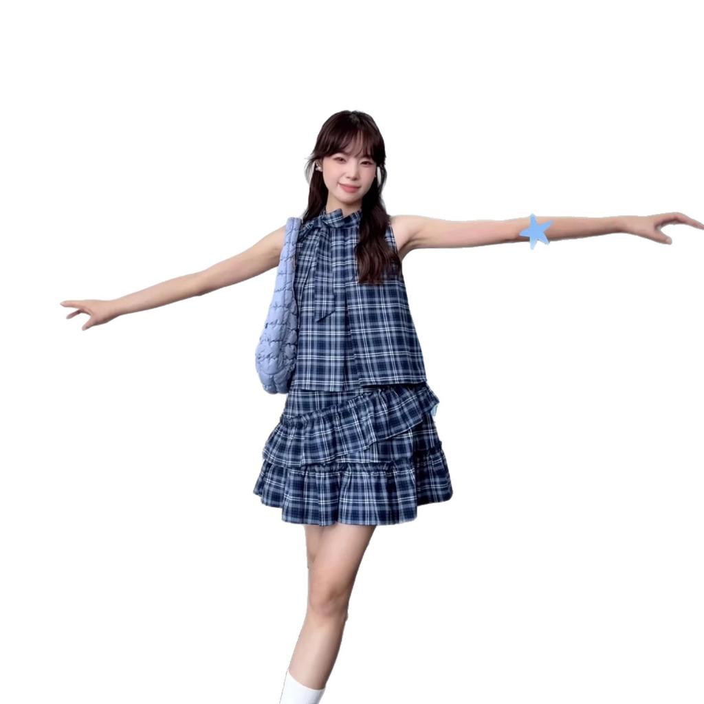 Blue plaid shirt sleeveless vest dress children's summer new popular small cake short skirt