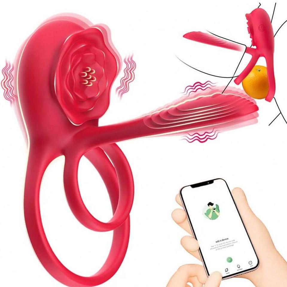 Vibrating Penis Ring Rose,9 Patterns Clitoral Vibrator,9 Penis Ring Vibration Patterns with G Spot Vibrator,APP Controlled Double Ring Rose Sex Toys