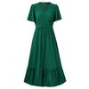 Women Summer Casual V-Neck High Waist A-Line Dress Long Sleeve Lotus Leaf Solid Color Spring Dress S-XL