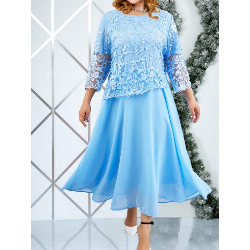 Plus Size Women's New Fashion Lace Chiffon Dress