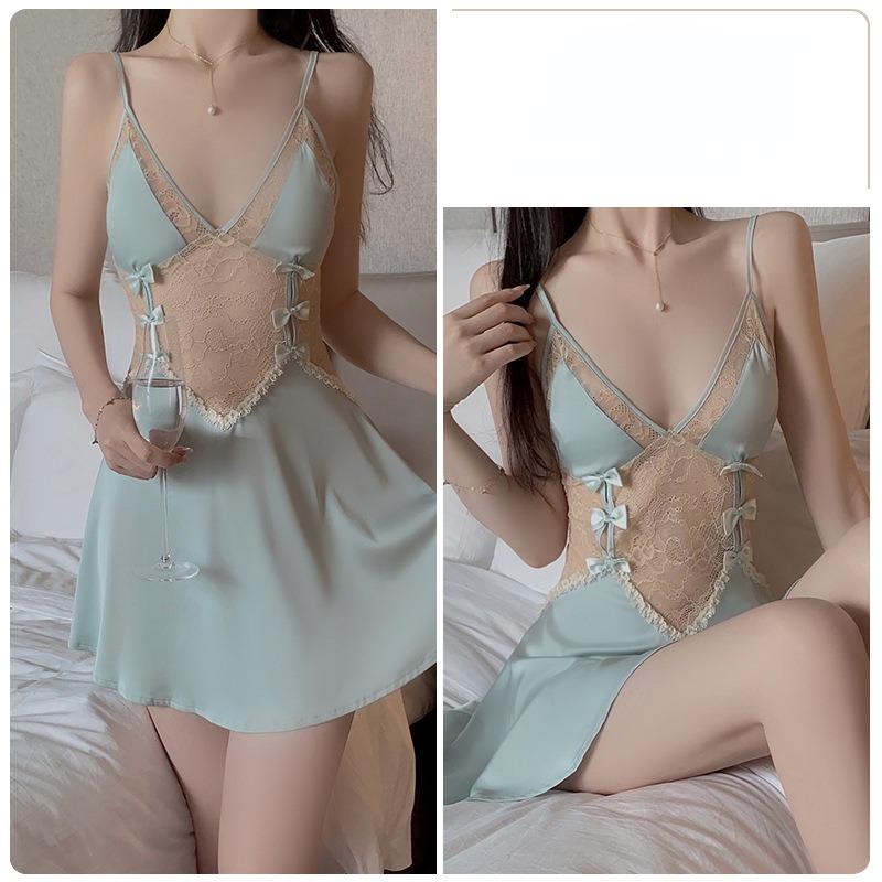 Sexy ryggløs forførende dyp V komfortabel pyjamas sløyfe stropp pyjamas kjole hjemme dress