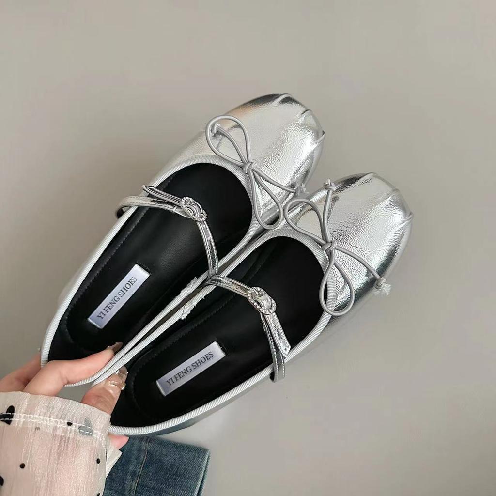 Silver ballet shoes increase height by 4 cm French one-word rhinestone belt Spring and summer 24 new square round head shallow mouth women's shoes