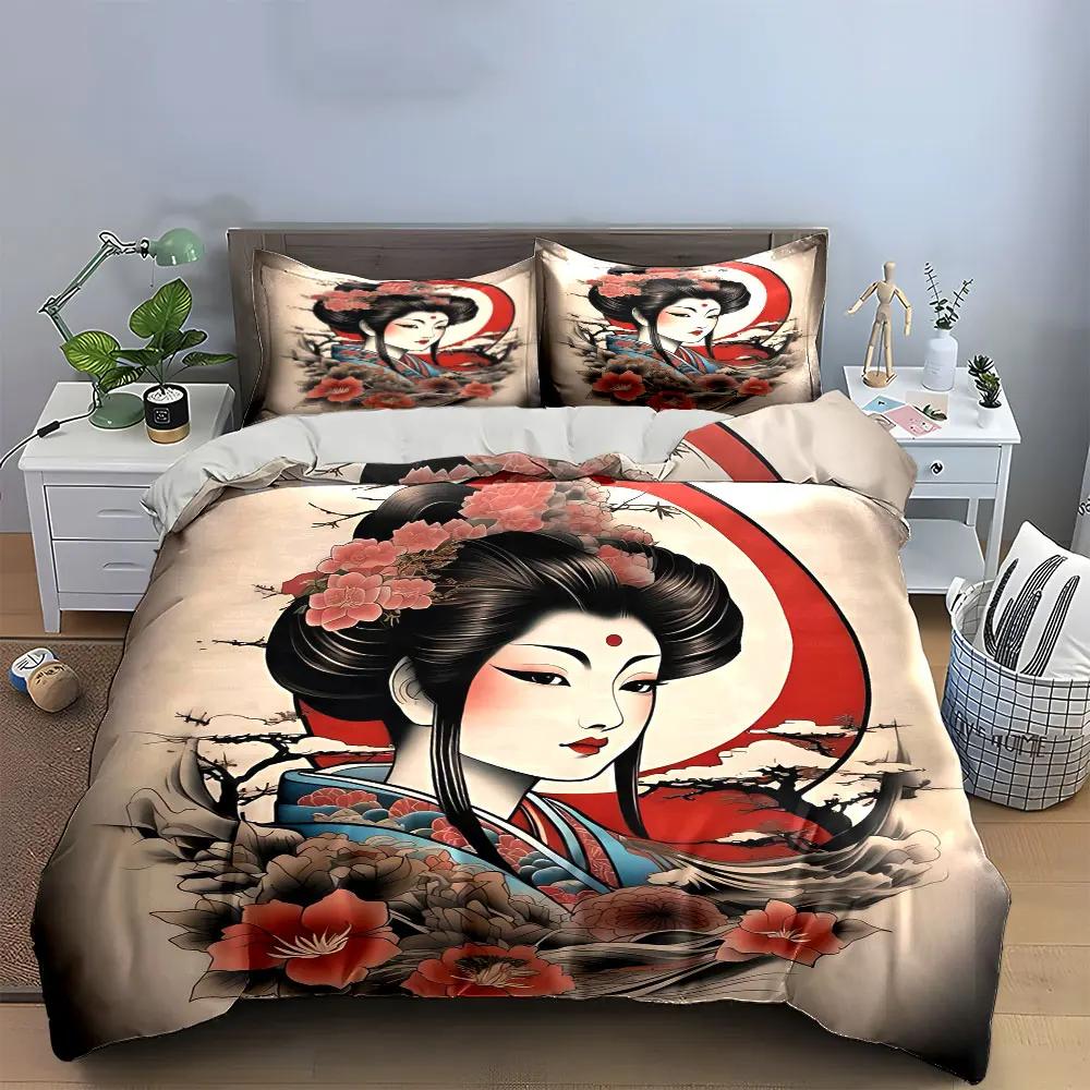 Japanese Art Decor Set Bedding Set with 1 Duvet Cover 2 Pillowcases Single Double King Queen Gift