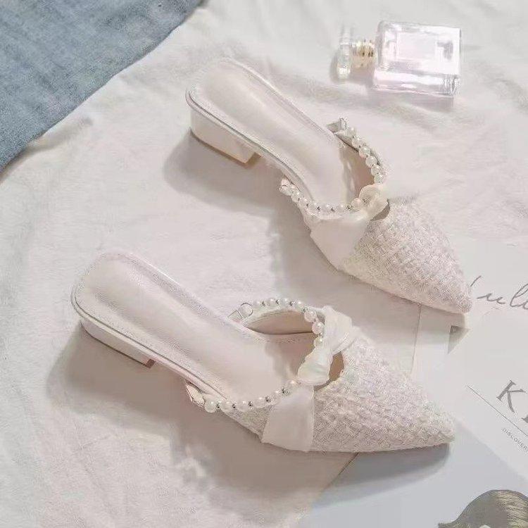 French thick heel bag head half tray shoes women's 2025 spring and summer new small fragrant pointed head with skirt gentle half slippers