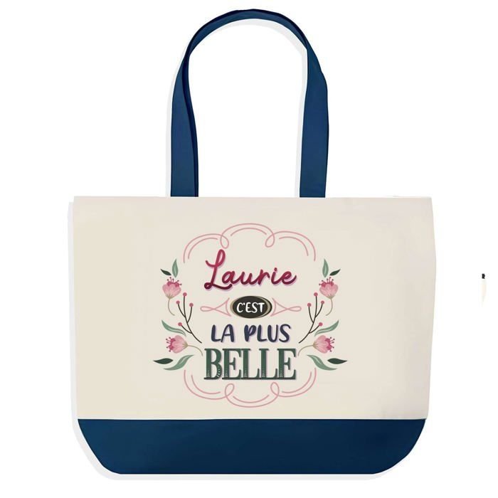 Tote bag - PLANETEE - Laurie la plus belle - fond bleu - coton - 40 x 45 cm