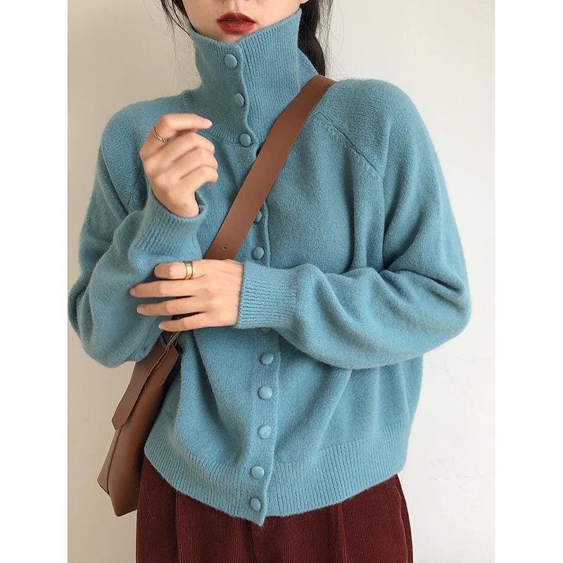Soft Comfortable High Neck Sweater Cardigan Women Simple Single Breasted Cardigans Coat Autumn Solid Knitted Outerwear Lady