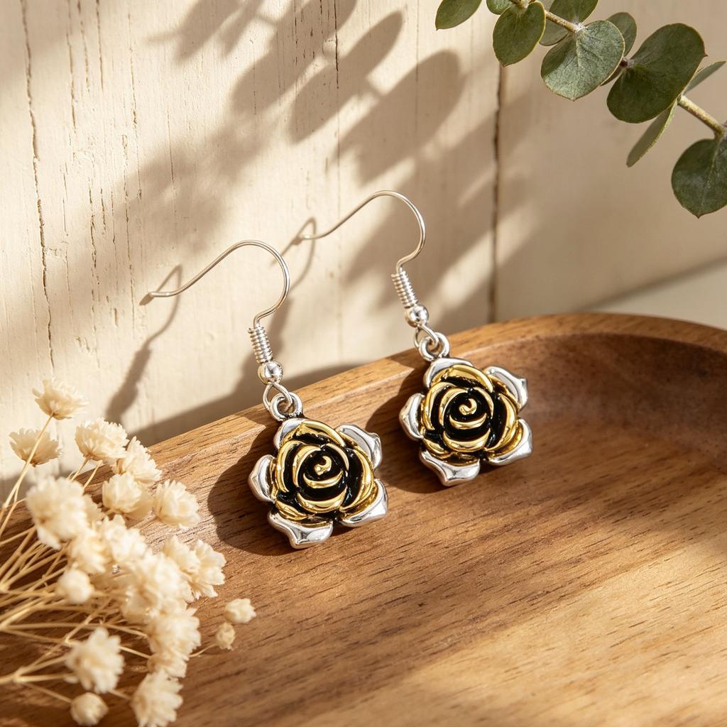 Retro three-dimensional rose shape environmentally friendly alloy earrings, daily versatile niche temperament versatile earrings