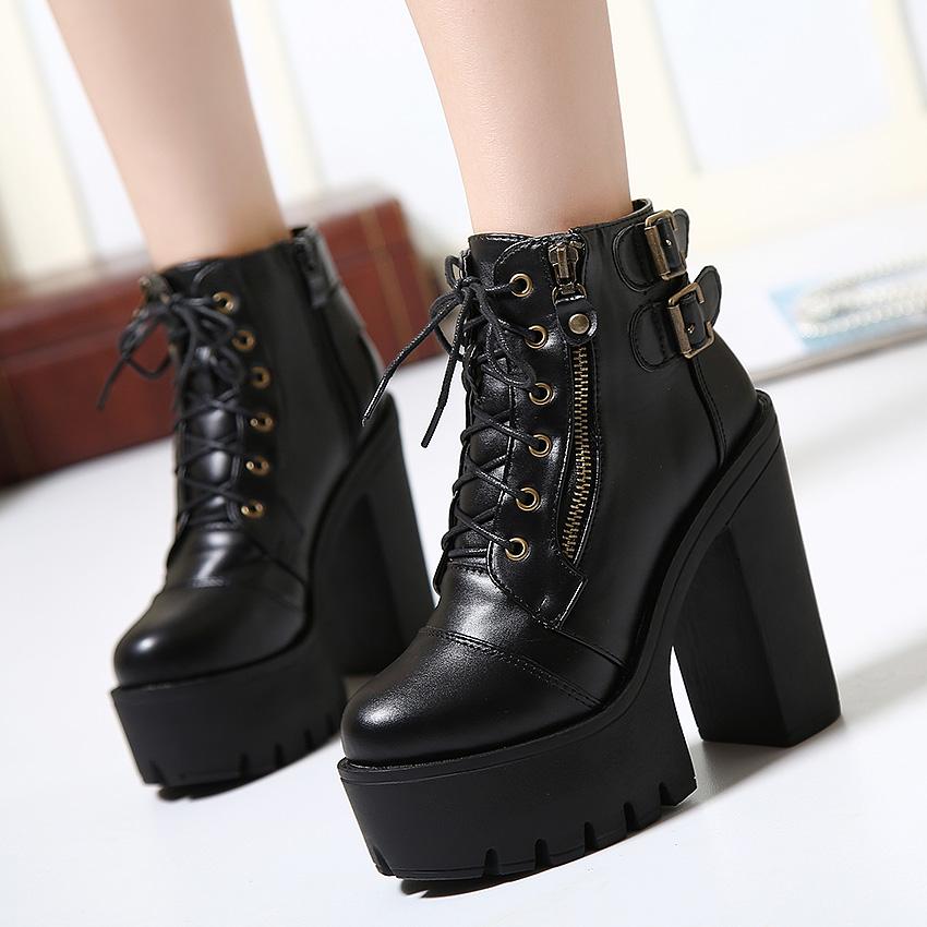 Botas de plataforma negras Cremallera De mujer Muelles tacones altos  Zapatos cordones Tobillos Cuero Zapatos rusos comprar a buen precio —  entrega gratuita, reseñas reales con fotos — Joom