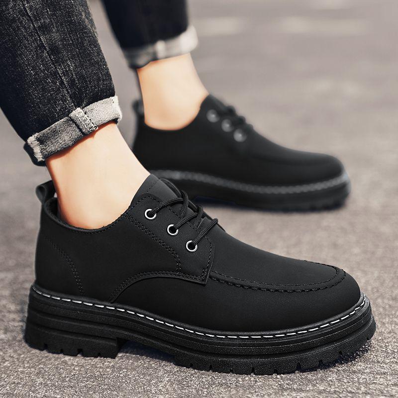 Tooling Men's Shoes Autumn New Black Casual Versatile Leather Shoes Low-top Thick-soled Heightening Labor Insurance Shoes Wear-resistant Martin Boots