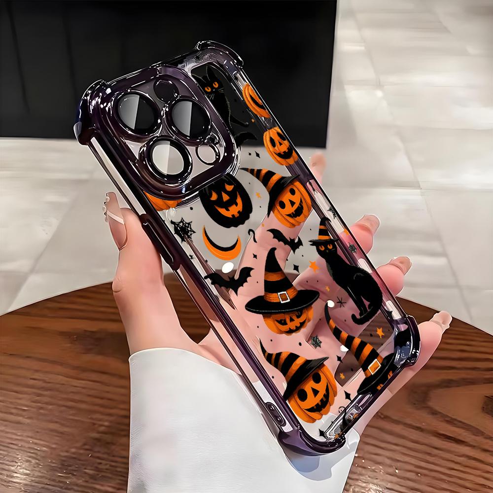 Halloween Black Cat Pumpkin Bat Pattern Phone Case For iPhone 17 16 15 14 13 12 11 Pro Max 15 16 Plus 17Air Airbag Plating Cover