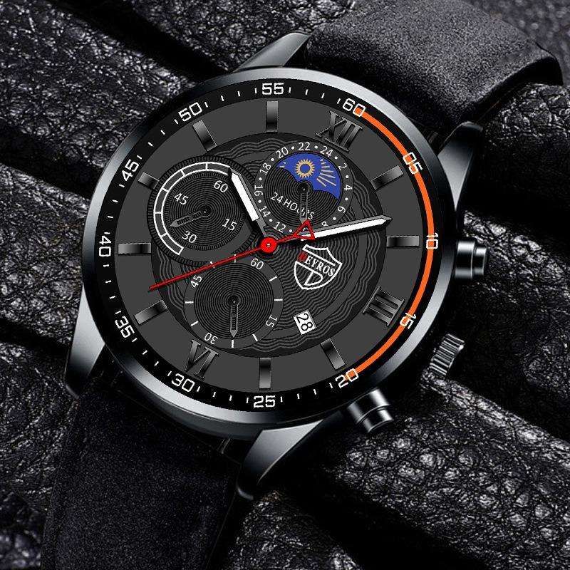DEYROS Men's Watch Fashion Men's Business Leather Calendar Watch Men's Student Luminous Quartz Watch