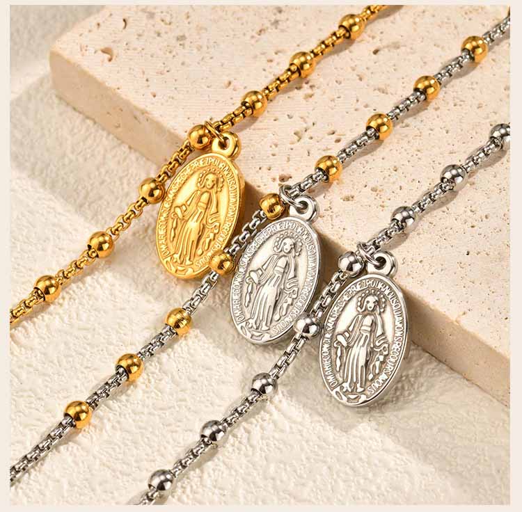 Religious Jesus Cross Rosary Bracelet for Women, Stainless Steel Virgin Mary Charms Bracelets Gold Plated Prayer Jewelry