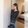 Gray one-word neck off-the-shoulder long-sleeved T-shirt for early autumn wear, pleated waist bottoming shirt, top inside, women's clothing