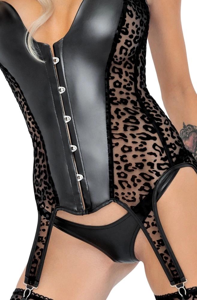 Noir - Sexy Leopard Print Corset with 6 Suspenders Black S