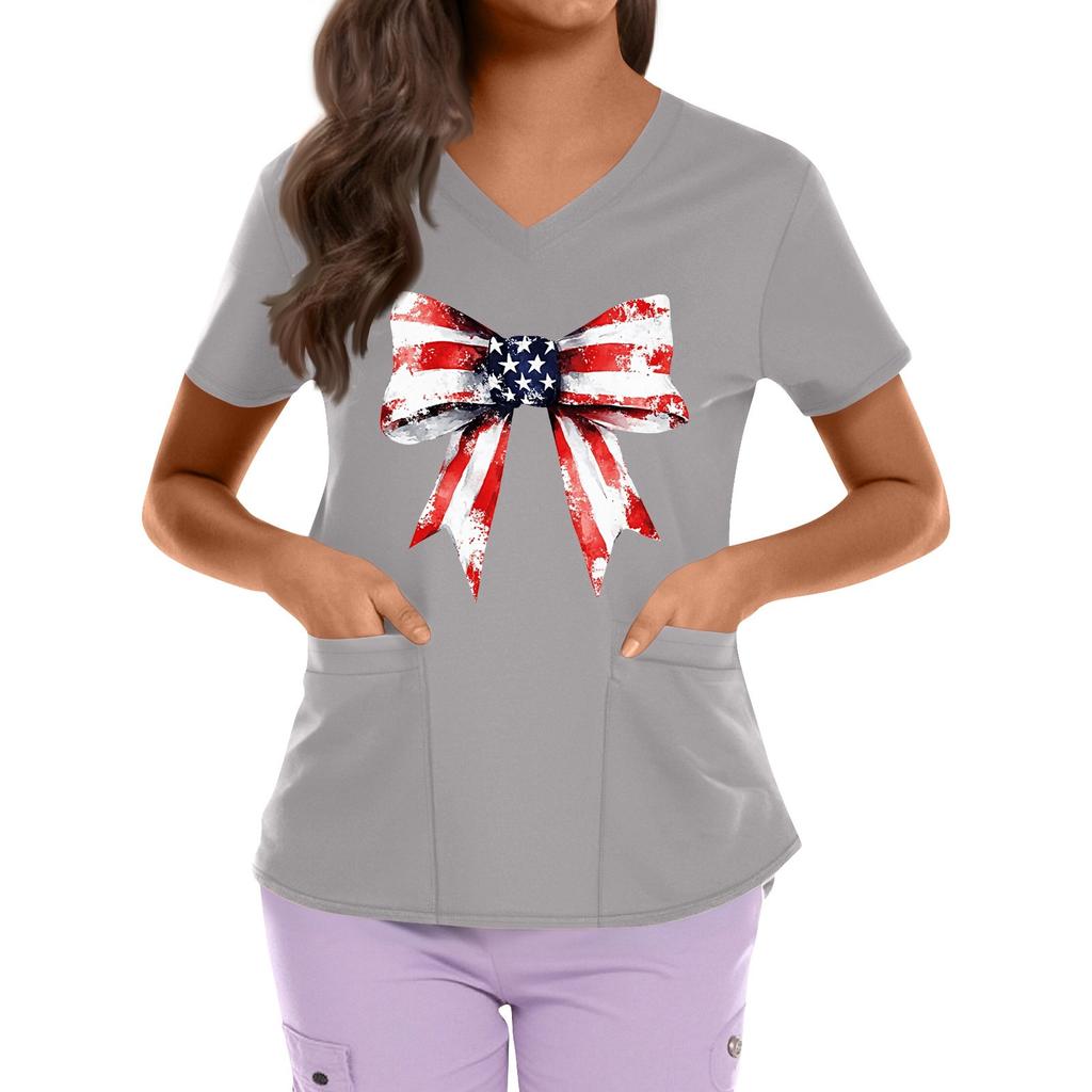 Plus Size Printed Scrub Working Uniform Tops For Women's Cross V Neck Independence Day Print Short Sleeve Fun T-Shirts Workwear Tee With Pockets