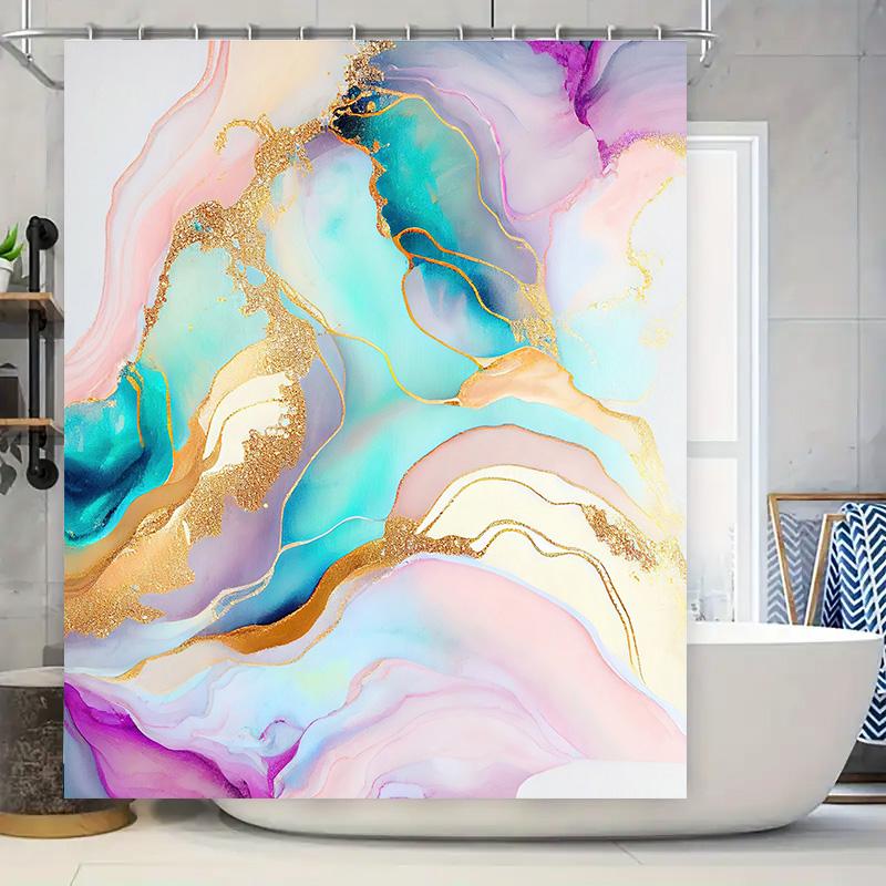 

Luxurious Blue Gold Geometric Shower Curtain For Bathroom Decor Modern Printed Fabric Waterfall Shower Panel Unstitched 290X180C W60H190(CM)-1 Pcs