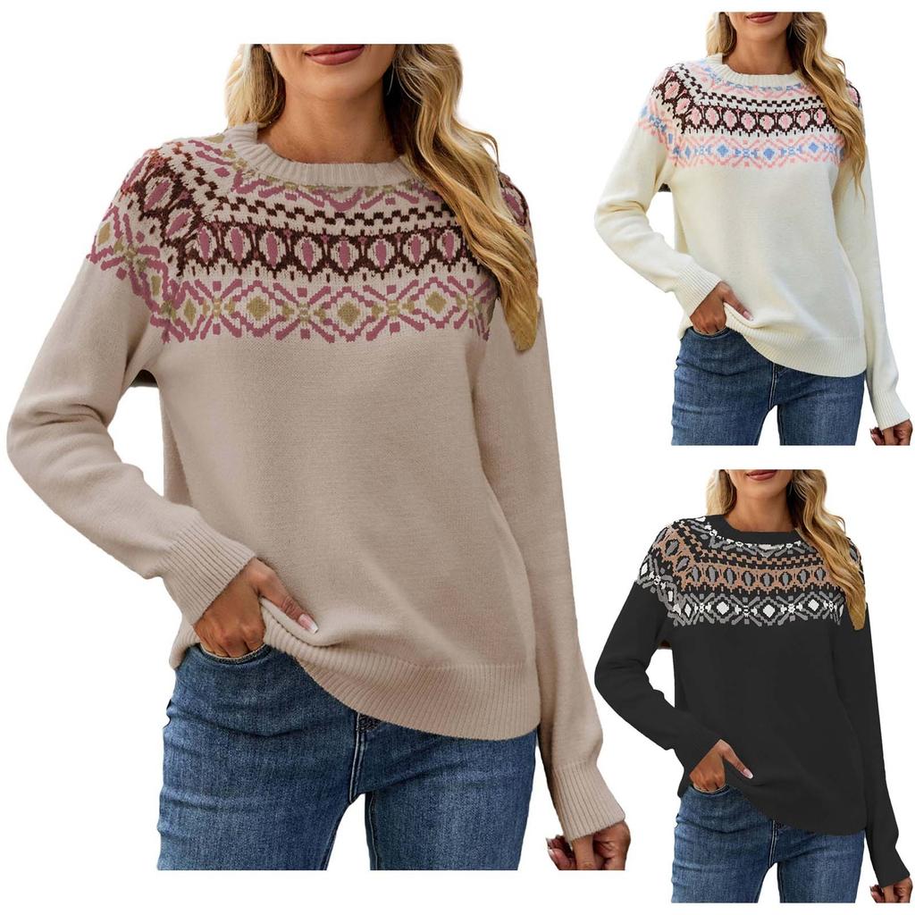 Women's Fashion Temperament Vintage Patchwork Knitwear Fashion Large Size Round Neck Sweater