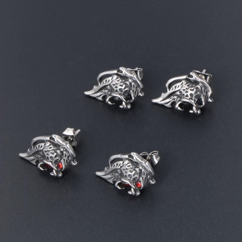 JMXD-Men's Titanium Steel Lion Stud Earrings Diamond Ruby Earrings Hipster Men's and Women's Retro Earrings