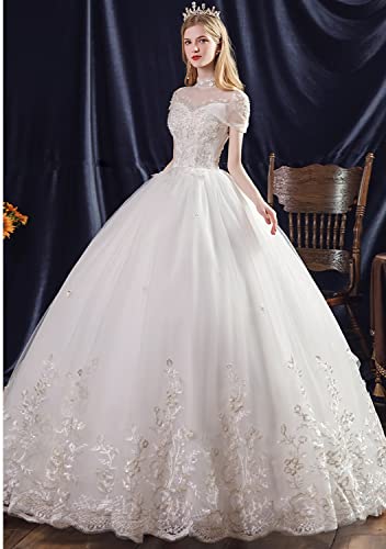 [Housaku Co., Ltd.] Wedding Dress, High Neck, French Sleeves, Long Length, Princess Line, Elegant, Premium Dress, Lace-up, Pure White, Bridal Dress (2