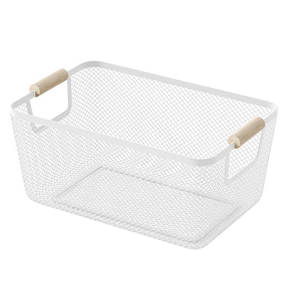 Metal Desktop Storage Basket Rectangle with Wood Handle Vegetable Fruit Snack Holder Large Capacity White Black Iron Mesh Basket