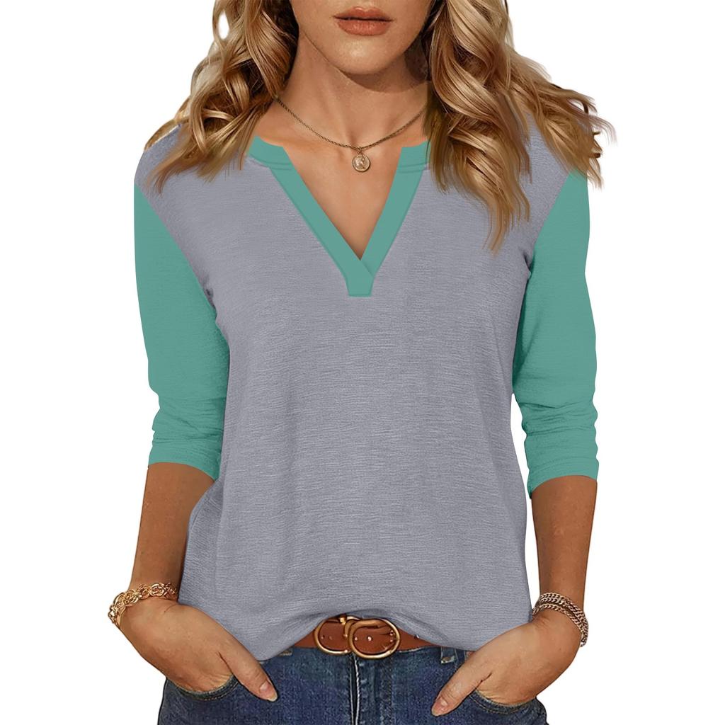 Women's Casual Fashion Sexy Comfortable V-neck Stitching Color Three-quarter Sleeve Top