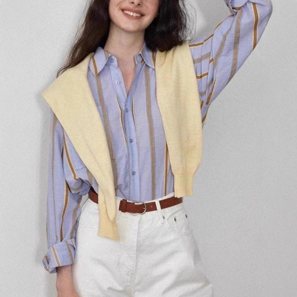 Women's Striped Loose Lapel Shirt - Sea Salt & Sweet Orange