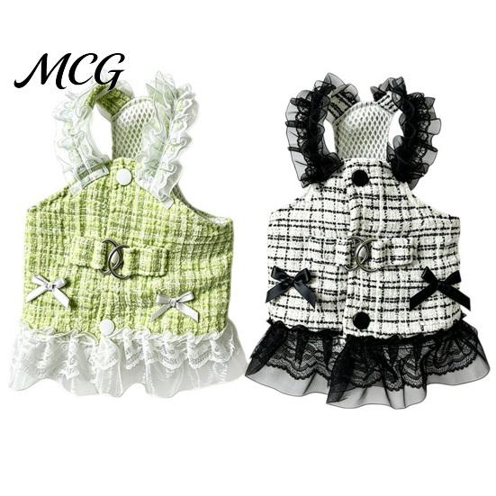 Dog Dress No Harness Needed Sleeveless Tweed Dress, Ruffled Pet with Lace Breathable Mesh Apparel Trim, Cute Summer for Small Dogs