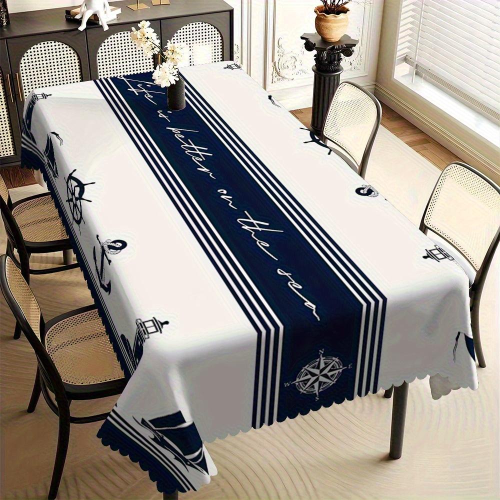 Jingyue Pet Unisex Nautical Themed Tablecloth With Anchor, Compass And Sailboat Prints, Life Is Better On The Sea Text, Scalloped Edge For Dining