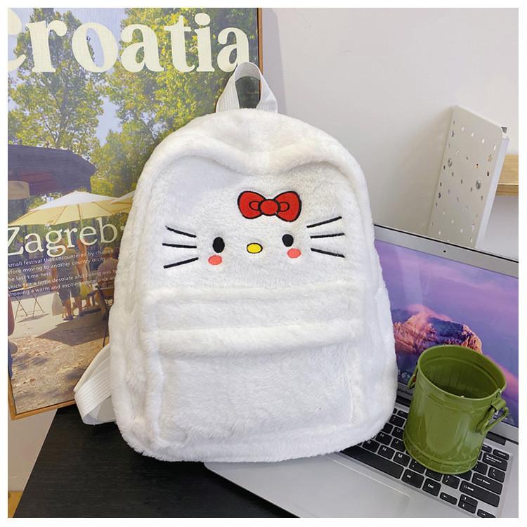 Cute Cartoon Hello Kitty Plush Zipper Backpack Street Style Nylon Material