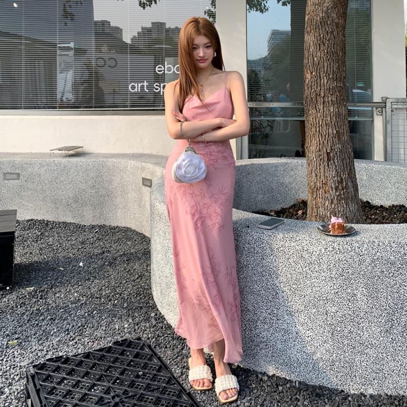 2026 Spring/Summer Pink Bamboo Rhyme Spaghetti Strap Long Dress for Women