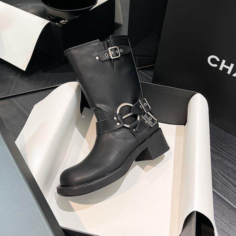 Genuine Leather Boots Women  Mid-calf Metal Buckle Designer Boots for Women Retro Thick Heel Platform Ankle Boots Botines
