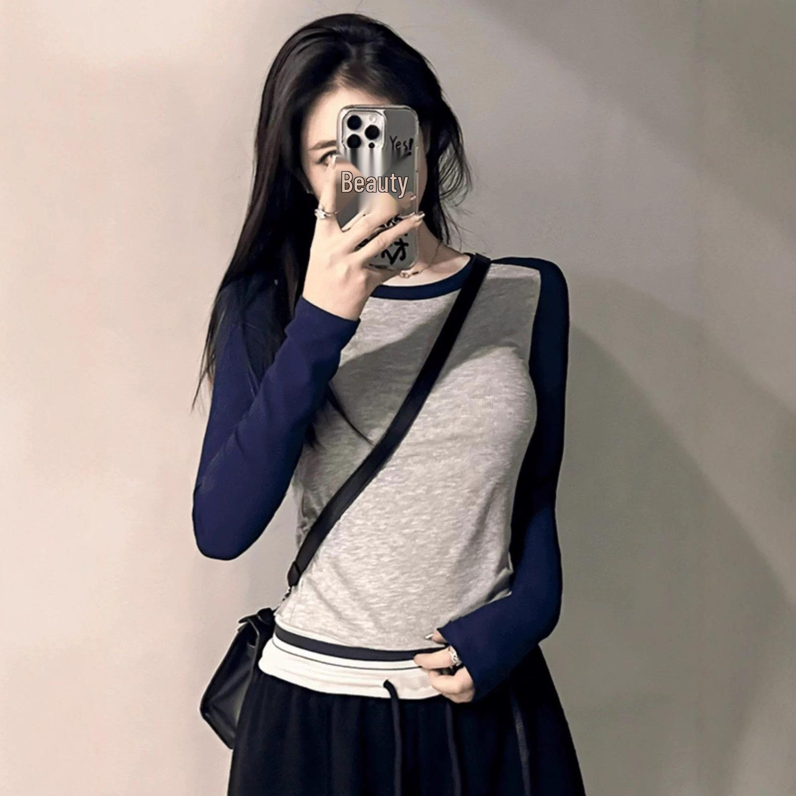 

Chic European Cotton Long-Sleeve Women s Top, 2025 Slim-Fit Autumn/Winter, Niche Contrast Design Large темно-синий