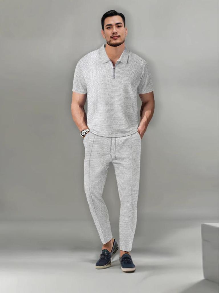 2023 Autumn Men's Solid Color Waffle Lapel Short Sleeve Zipper Suit