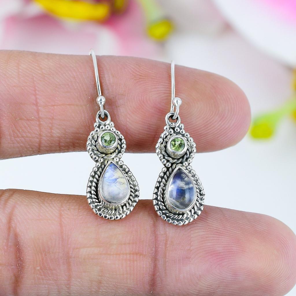 Natural Rainbow Moonstone, Peridot 925 Solid Sterling Silver Earring 1.5" D9s90
