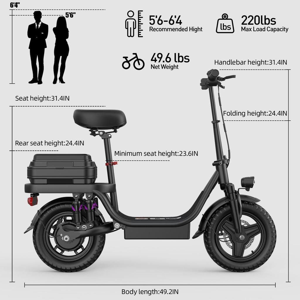 Toofly GQ8 Electric Scooter with Seat,250 W Motor, 48 V 15 Ah Battery, 14 Inch City Road Tyres