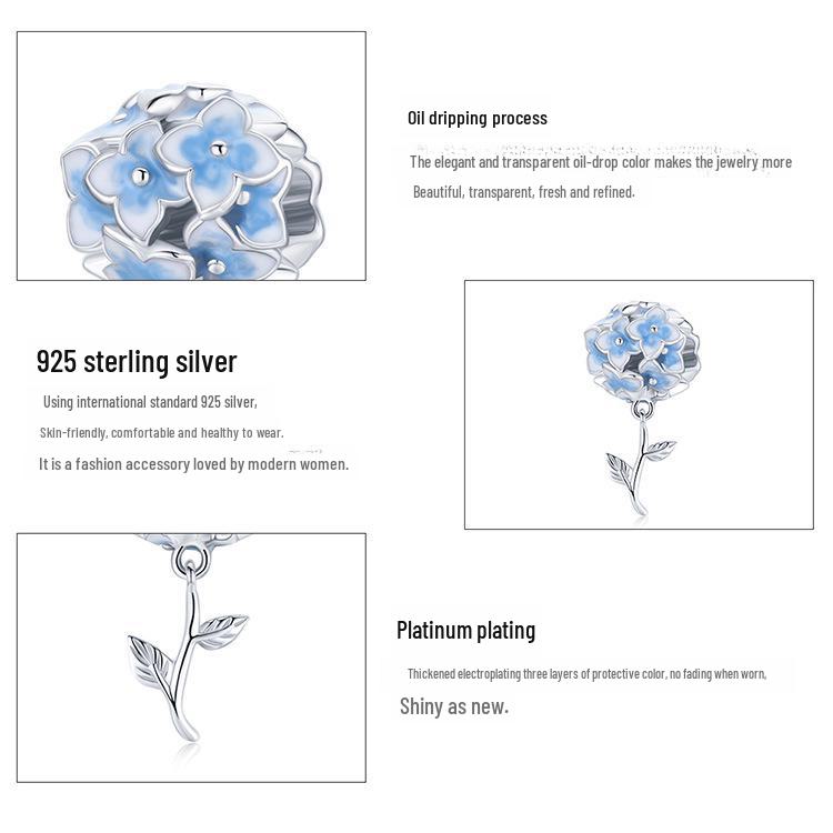 Sølv S925 Blå Hortensia Blomst Perle Armbånd