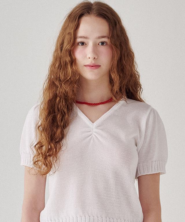 Ronron Shirring Pointed V Neck Short Knit White Free
