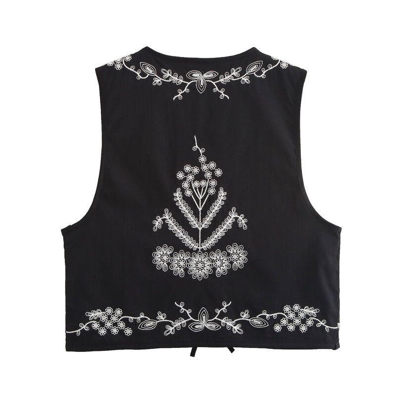 Fashion Style 2024 Autumn New Women's Clothing Stylish V-neck All-Matching Slimming Embroidered Sleeveless Retro Vest